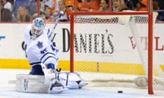 Toronto Maple Leafs goalie Jonathan Bernier can't stop a goal by Philadelphia Flyers' Scott Hartnell.
