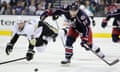 Columbus Blue Jackets' Mark Letestu versus Pittsburgh Penguins' Matt Niskanen during Game 4 of their first-round NHL playoff series on Wednesday, April 23, 2014, in Columbus, Ohio.