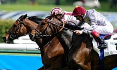 Christophe Soumillon riding Cirrus Des Aigles wins the Prix Ganay from Treve and Frankie Dettori