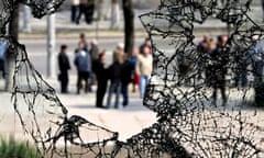 Broken windows of the ransacked parliament building in Moldova