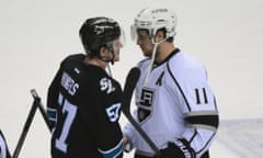 San Jose Sharks' Tommy Wingels congratulates LA Kings' Anze Kopitarafter game seven of the first round of the 2014 Stanley Cup Playoffs.