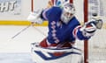 New York Rangers goalie Henrik Lundqvist makes a save in Game 6 of an NHL hockey second-round hockey playoff series against the Pittsburgh Penguins, Sunday, May 11, 2014, in New York.