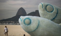 Recycled plastic bottles made into fish sculptures on Botafogo beach, Rio de Janeiro, Brazil