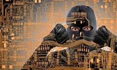 Masked man behind microchip pattern