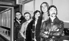 British rock group Genesis, (from left) Peter Gabriel, Phil Collins, Tony Banks, Mike Rutherford and Steve Hackett at London Airport. 