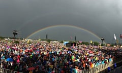 A double rainbow is seen from the Pyramid stage at Glastonbury.