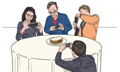 An illustration of four diners photographing a sandwich on smartphones