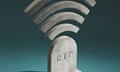 Illustration of a headstone with a mobile phone reception icon 