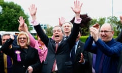 Ukip leader Nigel Farage celebrates after the party won council elections in Basildon