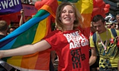 Woman in Stonewall t-shirt some People are gay. Get over it! at Pride London 2008 Parade