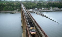 High speed train crosses Forth Bridge in Scotland