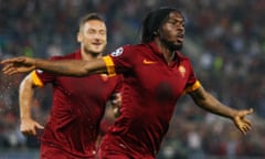 Gervinho celebrates after scoring Roma's second goal in the 5-1 thrashing of CSKA Moscow.