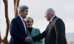 Australian Governor-General Sir Peter Cosgrove shakes hands with U.S. Secretary of State John Kerry