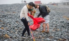 people cleaning up beach