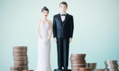 Wedding cake husband and wife surrounding by stacks of coins