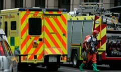 London Ambulance and fire engine outside Aldgate East tube station.