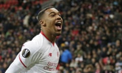 Jordon Ibe celebrates after scoring his first goal for Liverpool in the Europa League game against Rubin Kazan.