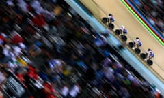 Laura Trott, Elinor Barker, Katie Archibald and Joanna Rowsell of the Great Britain Cycling Team compete in the Women’s Team Pursuit qualifying round during the UCI Track Cycling World Championships held at the National Velodrome in Paris.