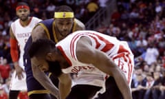Houston Rockets' James Harden and the Cleveland Cavaliers' LeBron James in one of the more tranquil moments of Sunday's grudge match.