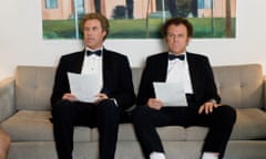 Will Ferrell and John C Reilly sitting on a coach wearing tuxes before their job interview in Step Brothers.