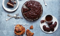 Trio of treats: the ultimate chocolate chip cookies (bottom left), boozy Prague cake (top) and chocolate madeleines with fudgy chocolate dip (bottom right)