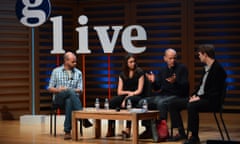 Ben Stewart, Alex Harris, Frank Hewetson  and Luke Harding speaking at Guardian Live: Freeing the Arctic 30, London, 22 April 2015.