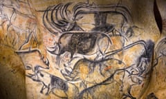 A replica of pre-historic drawings showing animals is seen on a wall during a press visit at the site of the Cavern of Pont-d'Arc project in Vallon Pont d'Arc April 8, 2015.