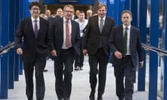 Lynton Crosby, seen here at the party's annual conference last year with, from left, Lord Feldman, Jim Messina (a former Obama campaign chief also hired by the Tories) and party chairman Grant Shapps, was criticised for the 'narrow focus' of the campaign.