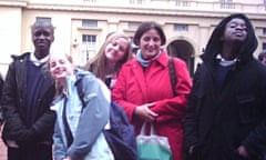 Kwabs as a school child with other children and Xanthe on a trip