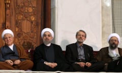 On the far left, former president Akbar Hashemi Rafsanjani, Iranian president Hassan Rowhani, Parliament speaker Ali Larijani, and his brother, Iran's judiciary chief, Sadegh Larijani, attending a ceremony commemorating the 26th anniversary of the death of Ayatollah Khomeini at the shrine for Khomeini in southern Tehran, Iran, on  4 June 2015.