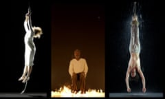 Stills from Bill Viola’s Earth, Martyr, Air, Martyr, Fire Martyr, and Water Martyr video installation.