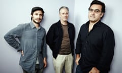 Iranian journalist Maziar Bahari (R) next to director Jon Stewart and actor Gael Garcia Bernal (L), who appears in Rosewater, a film based on his time in jail in Iran.