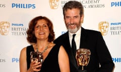Rebecca Front and Peter Capaldi in 2010 with the Baftas they received for The Thick of It