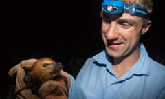 Edward Ellis, a student on the Durrell Indian Ocean Post Graduate Diploma Course in Endangered Species Recovery, holds a Mauritius fruit bat 