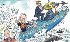 Cartoon of Barclays powerboat fitted with investment banking harpoon