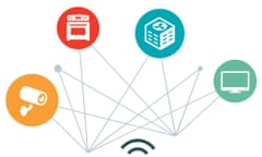 An illustration showing devices that might be connected in the home, including a CCTV camera, oven, air conditioning unit and screen.