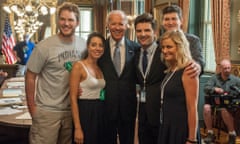 Meet the Veep… Chris Pratt as Andy, Aubrey Plaza as April Ludgate, Vice President Joe Biden, Adam Scott as Ben Wyatt, Amy Poehler as Leslie Knope in Parks and Recreation.