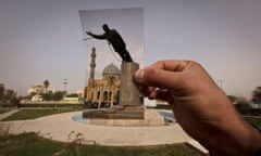 A general view of Firdous Square at the site of an AP photograph taken by Jerome Delay as the statue of Saddam Hussein is pulled down by US forces and Iraqis on 9 April 2003.