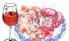 An illustration of a glass of wine and cold meats on a blue pattern plate