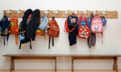 School back packs on cloakroom hooks