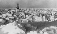 Irish explorer Sir Ernest Shackleton's ship SS Nimrod in the Antarctic pack ice.