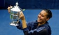 Flavia Pennetta of Italy holds the US Open trophy after beating her compatriot Roberta Vinci in straight sets.