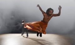 Sooraj Subramaniam (standing) and Shailesh Bahoran (flying) in Shobana Jeyasingh Dance’s Material Men.