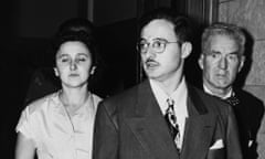 Julius and Ethel Rosenberg leaving federal court after being indicted on charges of espionage.