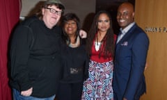 Michael Moore with Chaz Ebert, Ava DuVernay Tiff artistic director Cameron Bailey.