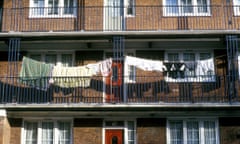 Washing outside flats, council housing estate, Limehouse, East London, UK 