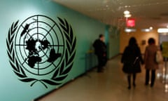 The United Nations logo is displayed on a door at U.N. headquarters in New York