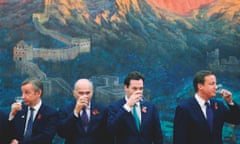 Michael Gove, Vince Cable, George Osborne and David Cameron, drinking a toast