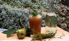 A glass of John Wright's homemade meadowsweet grass vodka, mixed with apple juice
