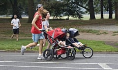 Park Slope parents get their exercise and take the kids along in Prospect Park, Brooklyn, New York